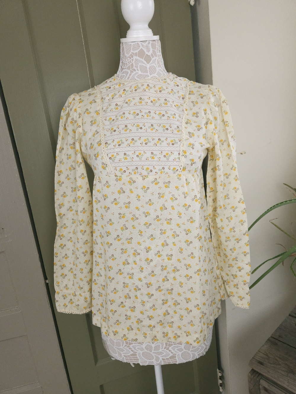 Littlesticks Calico Cream Floral Lace Tunic Peasant Blouse Vintage 70s Women's S